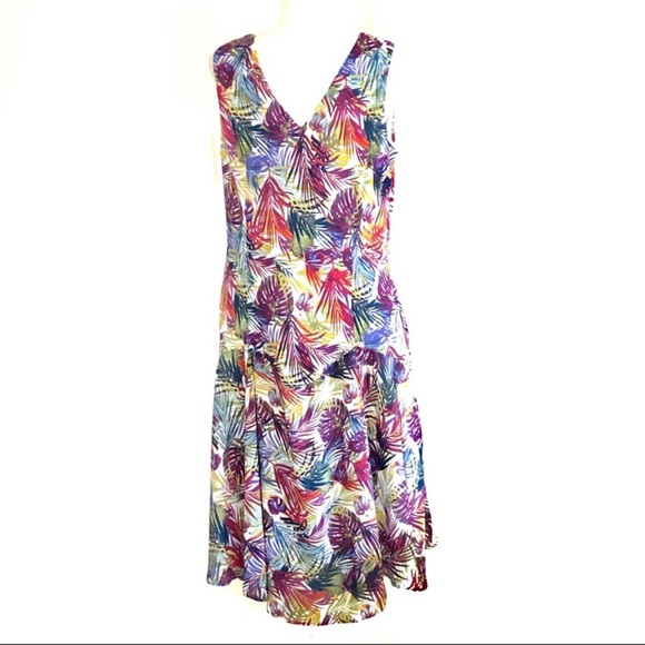 Jessica London Sleeveless Tropical Palm Leaves V Neck Plus Dress - Picture 3 of 6